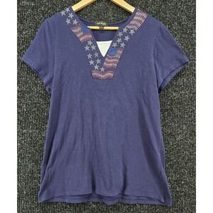 Vtg Cal Style USA Women's L‎  Embellished American Flag T-Shirt Top Navy McBling